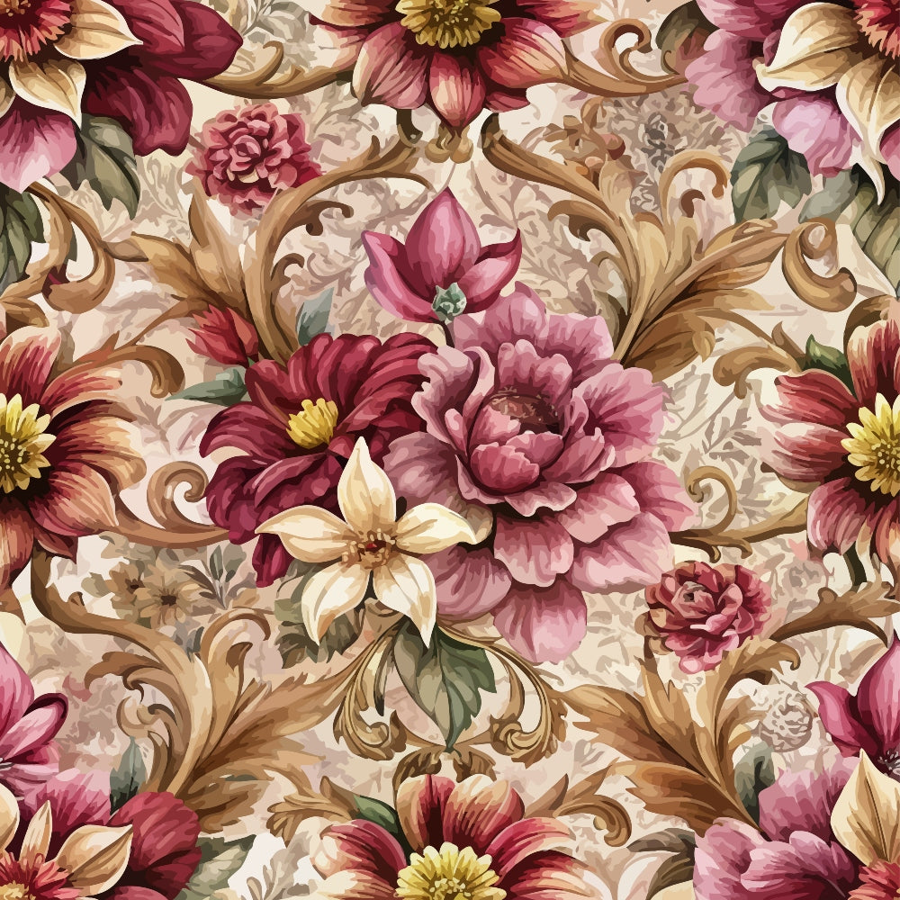 burgundy, mauve, pink, cream, gold, brown, baroque florals, ornate scrollwork, peonies, decorative flowers, vintage style, elegant pattern,, fabric panel, floral motifs, swirling vines, botanical design, rich tones, ornamental, seamless repeat