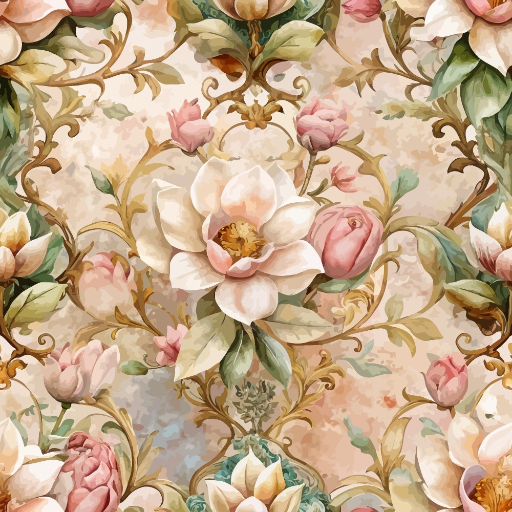 baroque florals, vintage flowers, ornate scrollwork, cream background, blush pink roses, coral blooms, sage green leaves, golden accents, decorative swirls, romantic pattern,, fabric panel, watercolor style, elegant motifs, soft pastels, floral damask, vintage botanical, ornamental design, delicate petals, flowing vines