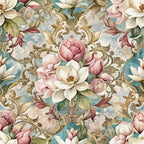 baroque florals, pink roses, cream magnolias, ornate scrollwork, gilded accents, dusty blue background, vintage floral, rococo style, elaborate damask,, fabric panel, botanical motif, romantic florals, decorative swirls, pastel palette, luxurious pattern, elegant design, repeated motif