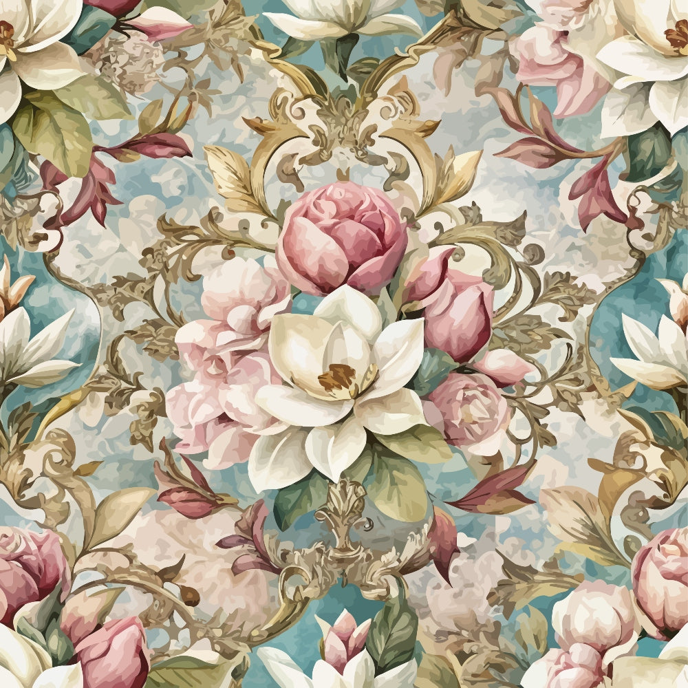baroque florals, pink roses, cream magnolias, ornate scrollwork, gilded accents, dusty blue background, vintage floral, rococo style, elaborate damask,, fabric panel, botanical motif, romantic florals, decorative swirls, pastel palette, luxurious pattern, elegant design, repeated motif