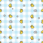 yellow, light blue, white, gingham pattern, checkered background, rubber ducks, soap bubbles, bath time theme,, fabric panel, cute duckies, baby theme, nursery motif, playful design, bathroom elements, scattered pattern, cheerful colors, infant decor, soft pastels, whimsical style