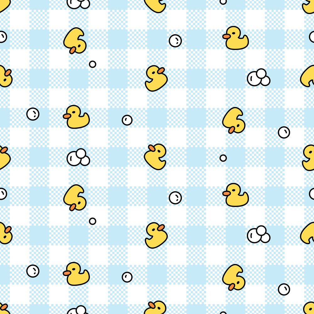 yellow, light blue, white, gingham pattern, checkered background, rubber ducks, soap bubbles, bath time theme,, fabric panel, cute duckies, baby theme, nursery motif, playful design, bathroom elements, scattered pattern, cheerful colors, infant decor, soft pastels, whimsical style