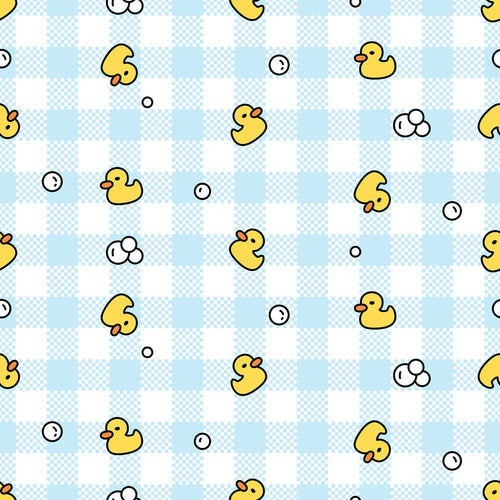yellow, light blue, white, gingham pattern, checkered background, rubber ducks, soap bubbles, bath time theme,, fabric panel, cute duckies, baby theme, nursery motif, playful design, bathroom elements, scattered pattern, cheerful colors, infant decor, soft pastels, whimsical style