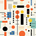 bauhaus art, geometric shapes, abstract design, orange circles, yellow dots, blue squares, black rectangles, modernist style, primary colors, minimalist pattern,, fabric panel, contemporary art, geometric composition, colorful shapes, artistic print, crafting fabric, sewing material