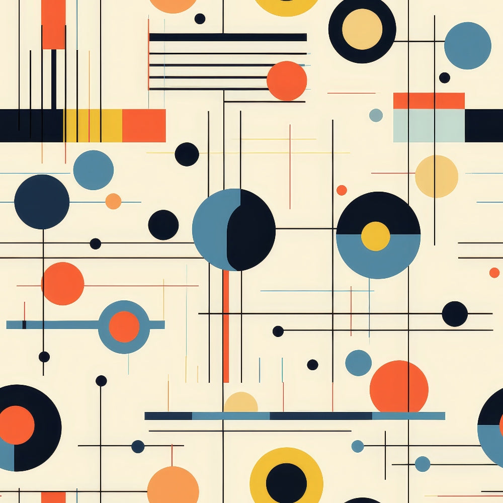 geometric pattern, abstract design, circles, lines, rectangles, orange, navy blue, teal, yellow, cream, beige, red, modernist style, bauhaus inspired,, fabric panel, minimalist, contemporary art, structured composition, intersecting shapes