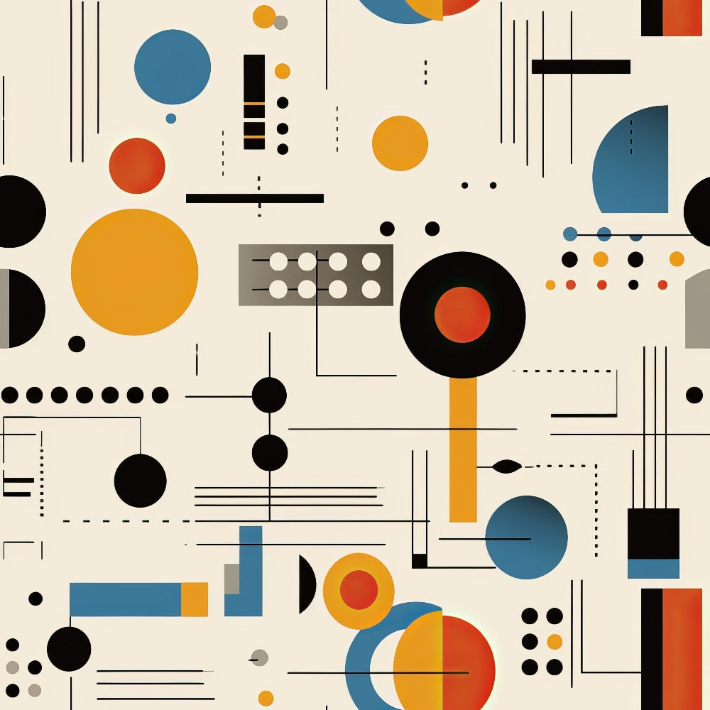 geometric shapes, circles, rectangles, lines, orange, blue, red, black, white, gray, bauhaus style, modernist design, abstract art, minimalist,, fabric panel, dots, triangles, contemporary, mid-century modern, architectural elements