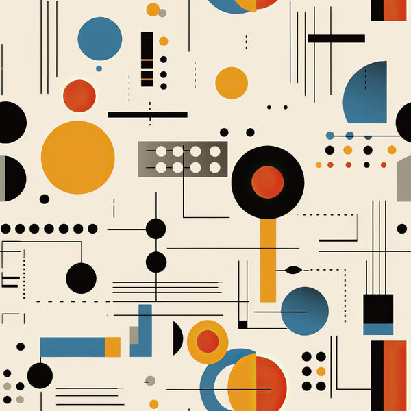 geometric shapes, circles, rectangles, lines, orange, blue, red, black, white, gray, bauhaus style, modernist design, abstract art, minimalist,, fabric panel, dots, triangles, contemporary, mid-century modern, architectural elements