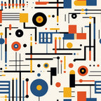 orange, blue, yellow, black, white, geometric shapes, circles, lines, rectangles, abstract pattern, modernist design, bauhaus style, minimalist, industrial aesthetic,, fabric panel, contemporary art, structured composition, primary colors, architectural elements