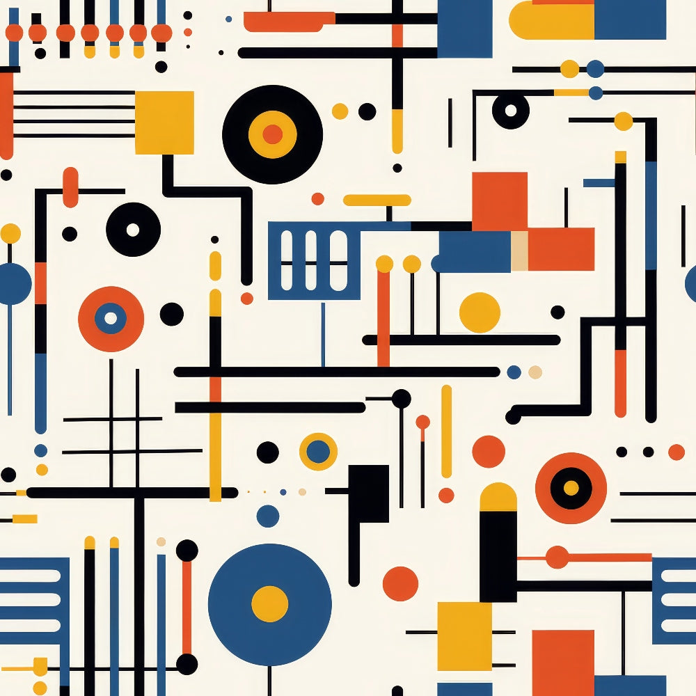 orange, blue, yellow, black, white, geometric shapes, circles, lines, rectangles, abstract pattern, modernist design, bauhaus style, minimalist, industrial aesthetic,, fabric panel, contemporary art, structured composition, primary colors, architectural elements