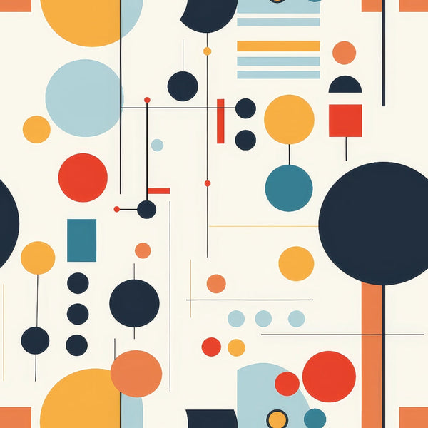 geometric shapes, circles, rectangles, abstract art, bauhaus style, modernist design, orange, navy blue, teal, red, yellow, light blue, beige, minimalist, contemporary,, fabric panel, clean lines, balanced composition, artistic pattern