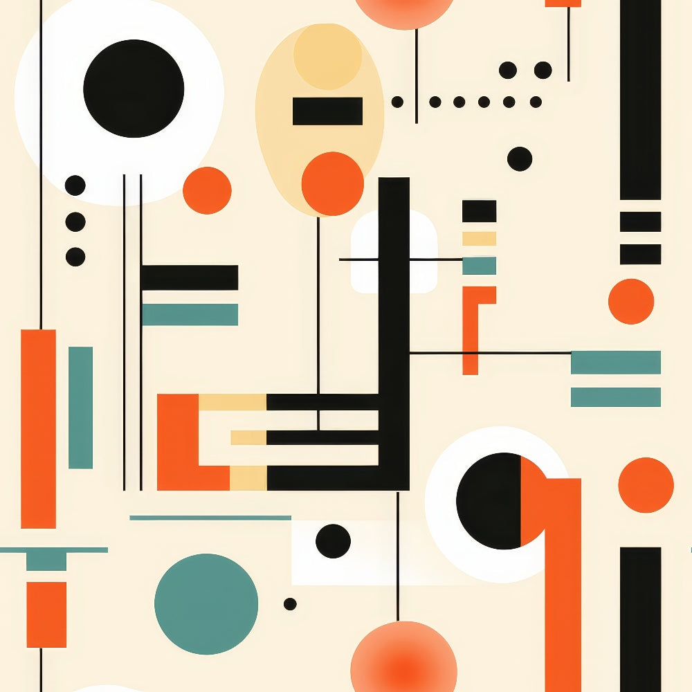 orange, teal, black, cream, geometric shapes, circles, rectangles, lines, dots, abstract composition, bauhaus style, modernist design, minimalist,, fabric panel, contemporary art, structured layout, balanced design, architectural elements, graphic pattern