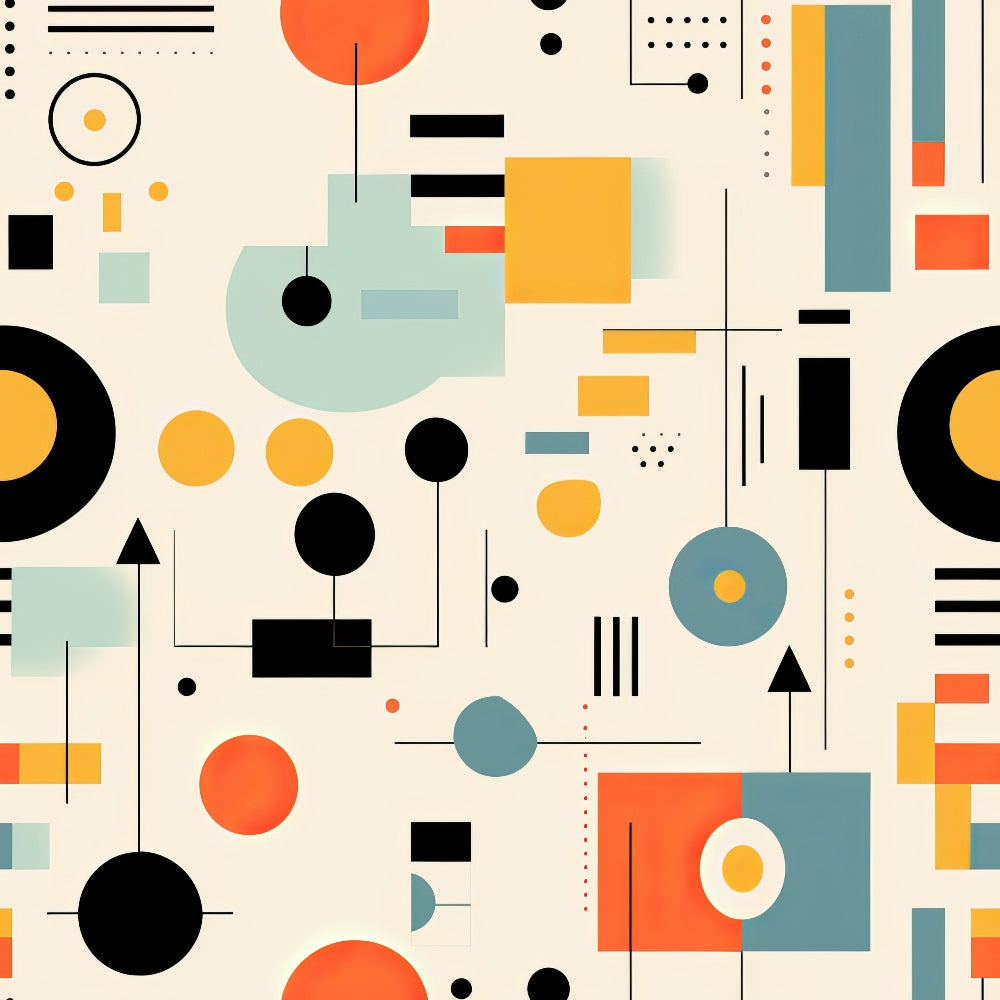 bauhaus art, geometric shapes, abstract pattern, orange circles, black squares, yellow accents, teal blue, coral red, cream background, modernist design, minimalist style,, fabric panel, contemporary art, geometric composition, primary colors, graphic elements, artistic motifs, cotton fabric