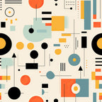bauhaus art, geometric shapes, abstract pattern, orange circles, black squares, yellow accents, teal blue, coral red, cream background, modernist design, minimalist style,, fabric panel, contemporary art, geometric composition, primary colors, graphic elements, artistic motifs, cotton fabric