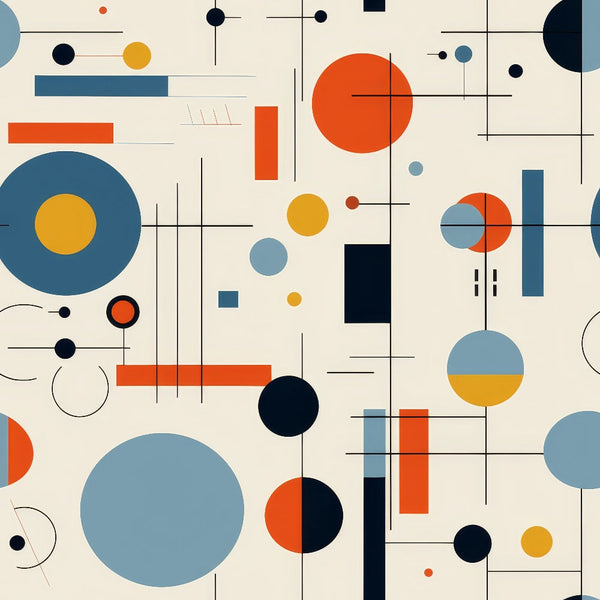 geometric shapes, bauhaus style, modern art, abstract design, orange circles, blue circles, yellow circles, black lines, grid pattern, minimalist, contemporary,, fabric panel, crosshatch lines, rectangular forms, modernist, artistic composition, scandinavian colors, clean lines, structured layout