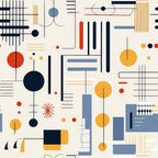 bauhaus art, geometric patterns, modernist design, abstract shapes, navy blue, orange, red, cream background, circles, lines, rectangles, minimalist style, contemporary art,, fabric panel, architectural elements, grid patterns, color blocking, avant-garde, retro modern
