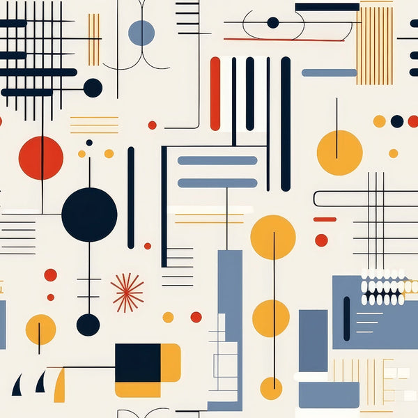 bauhaus art, geometric patterns, modernist design, abstract shapes, navy blue, orange, red, cream background, circles, lines, rectangles, minimalist style, contemporary art,, fabric panel, architectural elements, grid patterns, color blocking, avant-garde, retro modern