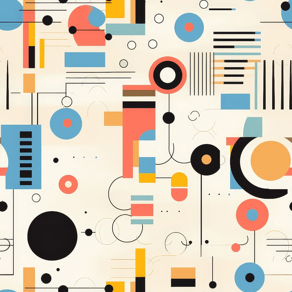 geometric shapes, abstract art, bauhaus style, coral pink, sky blue, golden yellow, black accents, cream background, circles, rectangles, lines, dots, modernist design, minimalist pattern,, fabric panel, contemporary art, artistic composition, color blocking, scandinavian aesthetic