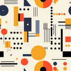 orange, red, navy blue, black, cream, geometric shapes, circles, rectangles, lines, dots, abstract art, bauhaus style, modern design, minimalist,, fabric panel, art deco, architectural elements, contemporary pattern, graphic design