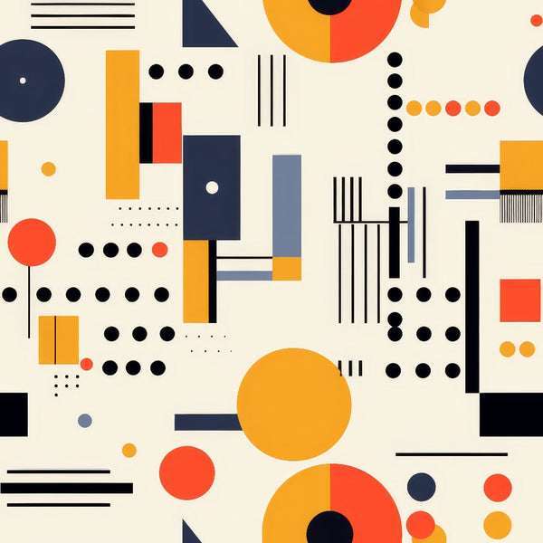 orange, red, navy blue, black, cream, geometric shapes, circles, rectangles, lines, dots, abstract art, bauhaus style, modern design, minimalist,, fabric panel, art deco, architectural elements, contemporary pattern, graphic design