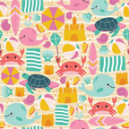 beach vacation, summer theme, whales, sea turtles, crabs, sand castles, beach umbrellas, surfboards, seashells, beach towels, kites, beach balls, pink, turquoise, yellow, coral, mint green, cute cartoon style, kawaii animals,, fabric panel, ocean creatures, playful pattern, tropical vibes