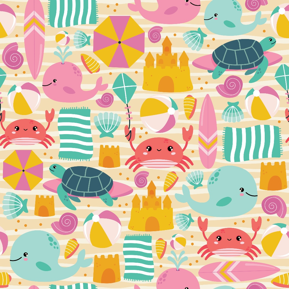 beach vacation, summer theme, whales, sea turtles, crabs, sand castles, beach umbrellas, surfboards, seashells, beach towels, kites, beach balls, pink, turquoise, yellow, coral, mint green, cute cartoon style, kawaii animals,, fabric panel, ocean creatures, playful pattern, tropical vibes