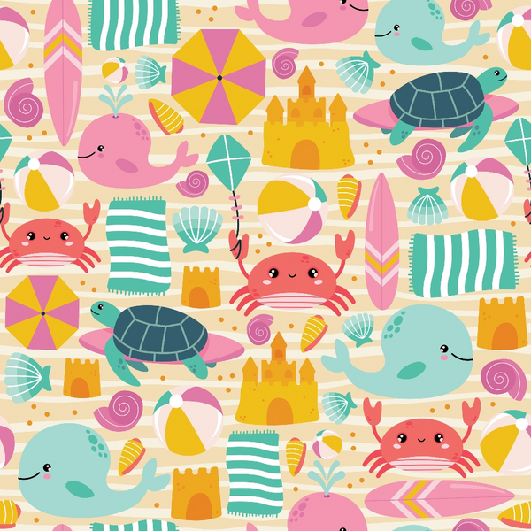 beach vacation, summer theme, whales, sea turtles, crabs, sand castles, beach umbrellas, surfboards, seashells, beach towels, kites, beach balls, pink, turquoise, yellow, coral, mint green, cute cartoon style, kawaii animals,, fabric panel, ocean creatures, playful pattern, tropical vibes