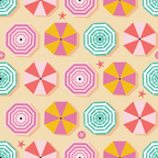 beach umbrellas, summer vacation, coral pink, teal green, yellow, magenta, striped umbrellas, solid umbrellas, starfish, sand background, tropical pattern, beach scene, geometric umbrellas, summer vibes,, fabric panel, vacation theme, seaside design, octagonal umbrellas, beach accessories