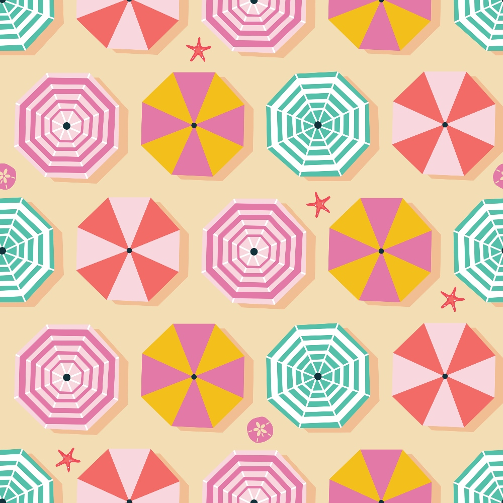 beach umbrellas, summer vacation, coral pink, teal green, yellow, magenta, striped umbrellas, solid umbrellas, starfish, sand background, tropical pattern, beach scene, geometric umbrellas, summer vibes,, fabric panel, vacation theme, seaside design, octagonal umbrellas, beach accessories