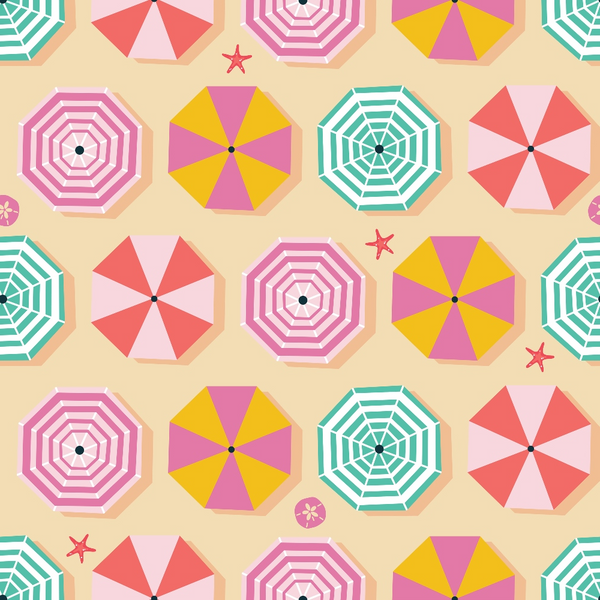 beach umbrellas, summer vacation, coral pink, teal green, yellow, magenta, striped umbrellas, solid umbrellas, starfish, sand background, tropical pattern, beach scene, geometric umbrellas, summer vibes,, fabric panel, vacation theme, seaside design, octagonal umbrellas, beach accessories