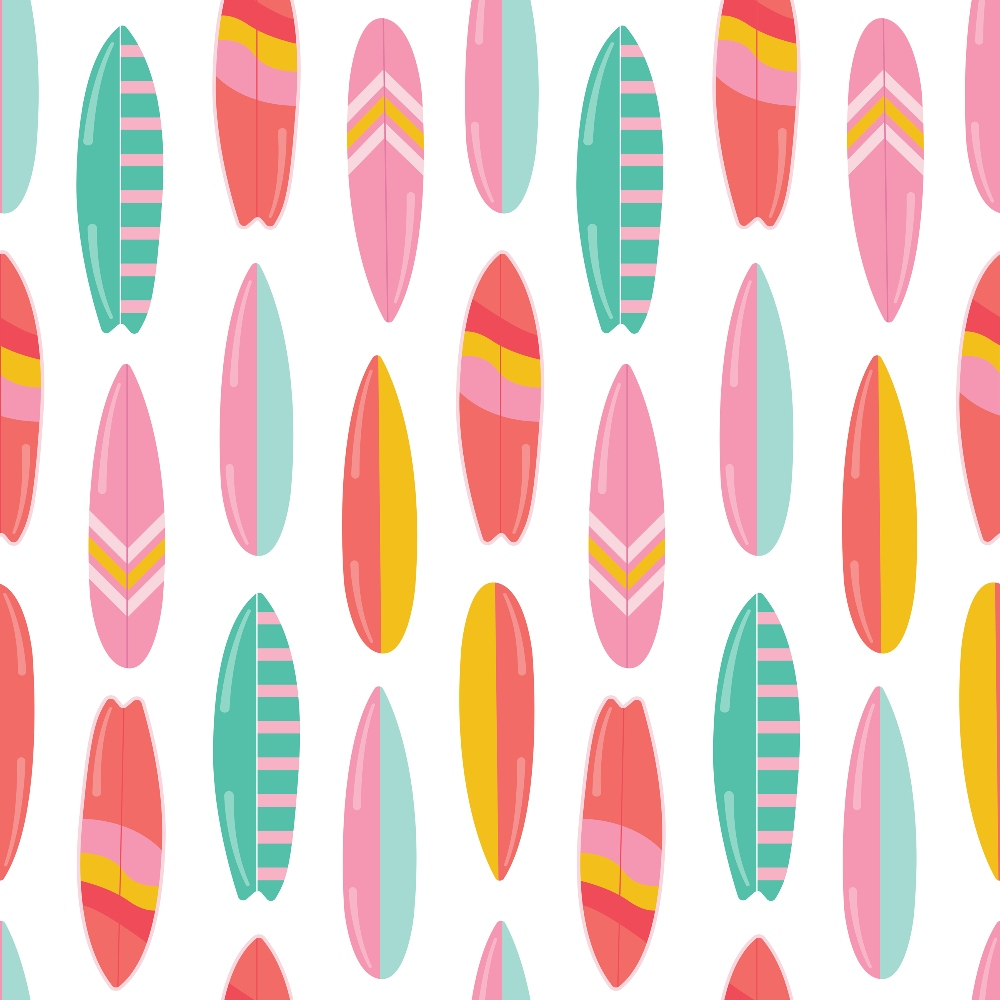 coral pink, mint green, yellow, surfboards, beach pattern, tropical design, summer vacation, ocean sports,, fabric panel, geometric stripes, chevron details, coastal theme, surf culture, bright colors, repeating pattern, beach lifestyle, water sports, tropical vibes, vacation motif