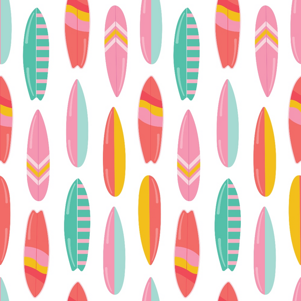 coral pink, mint green, yellow, surfboards, beach pattern, tropical design, summer vacation, ocean sports,, fabric panel, geometric stripes, chevron details, coastal theme, surf culture, bright colors, repeating pattern, beach lifestyle, water sports, tropical vibes, vacation motif