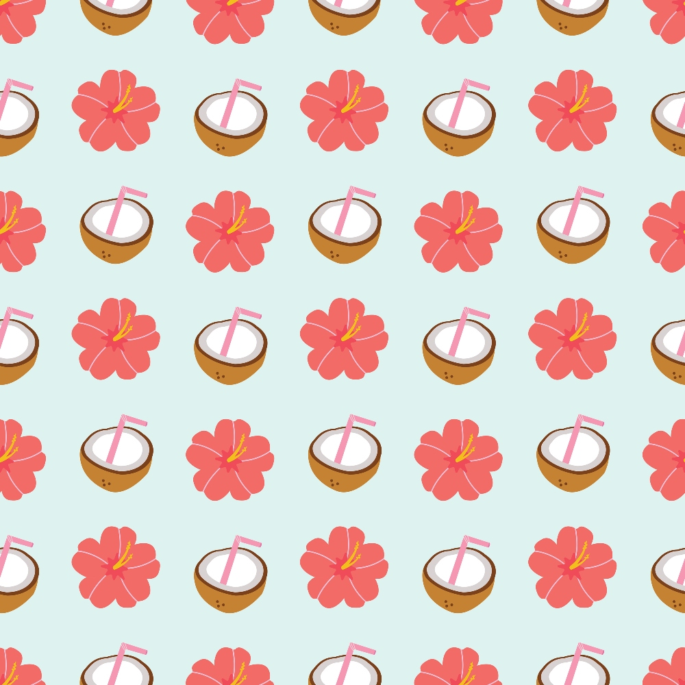 coral pink, light blue, coconut drinks, hibiscus flowers, tropical pattern, beach theme, summer vibes, repeating design, vacation motif,, fabric panel, pink straws, island style, floral elements, tropical flowers, coconut shells, cheerful mood, bright colors, summer fabric, beach vacation