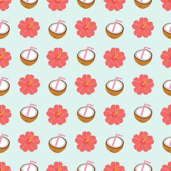 coral pink, light blue, coconut drinks, hibiscus flowers, tropical pattern, beach theme, summer vibes, repeating design, vacation motif,, fabric panel, pink straws, island style, floral elements, tropical flowers, coconut shells, cheerful mood, bright colors, summer fabric, beach vacation