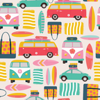 beach vacation, surf vans, volkswagen buses, surfboards, beach towels, summer vibes, retro style, coral pink, turquoise, yellow, teal green, tropical pattern, beach bags, vintage cars, coastal theme,, fabric panel, vacation motif, surf culture, beach accessories