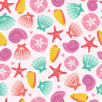 coral pink, mint green, yellow, seashells, starfish, sand dollars, nautical snails, beach theme, summer vacation, ocean motifs, scattered pattern, whimsical style, tropical vibes, seaside elements,, fabric panel, cheerful design, marine life, coastal decor, pastel colors