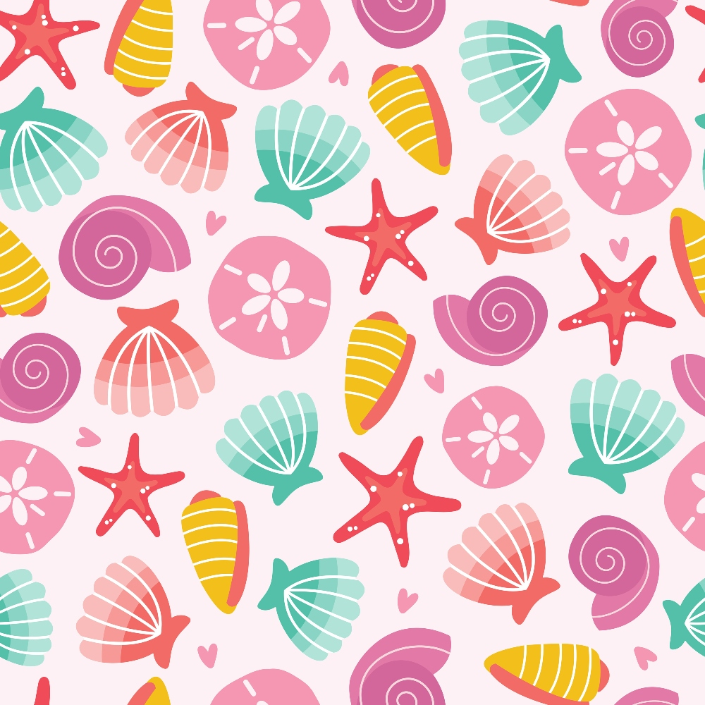 coral pink, mint green, yellow, seashells, starfish, sand dollars, nautical snails, beach theme, summer vacation, ocean motifs, scattered pattern, whimsical style, tropical vibes, seaside elements,, fabric panel, cheerful design, marine life, coastal decor, pastel colors