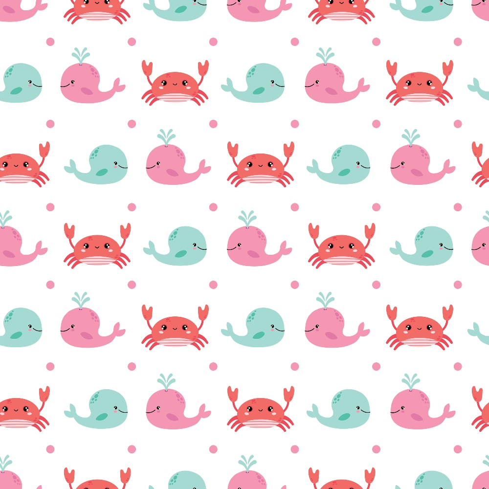 pink, coral, mint green, aqua, whales, crabs, sea creatures, kawaii style, cute animals, ocean theme, beach motifs, repeating pattern, polka dots,, fabric panel, summer theme, marine life, cartoon style, cheerful, pastel colors, water spouts, smiling faces