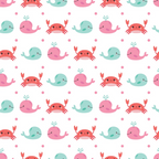 pink, coral, mint green, aqua, whales, crabs, sea creatures, kawaii style, cute animals, ocean theme, beach motifs, repeating pattern, polka dots,, fabric panel, summer theme, marine life, cartoon style, cheerful, pastel colors, water spouts, smiling faces