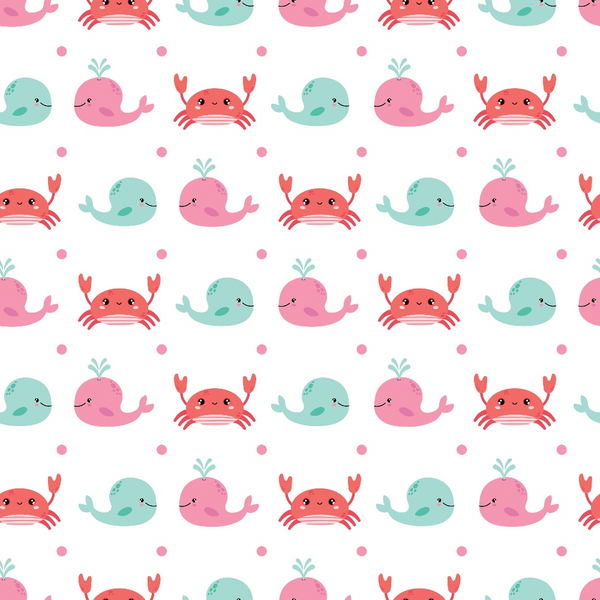 pink, coral, mint green, aqua, whales, crabs, sea creatures, kawaii style, cute animals, ocean theme, beach motifs, repeating pattern, polka dots,, fabric panel, summer theme, marine life, cartoon style, cheerful, pastel colors, water spouts, smiling faces