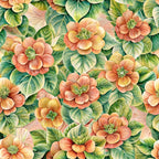 coral flowers, peach blossoms, green leaves, botanical pattern, floral design, euphorbias, watercolor style, seamless repeat,, fabric panel, nature motif, spring flowers, soft pastels, garden theme, delicate petals, leafy backdrop, artistic florals, cottage core, vintage botanicals