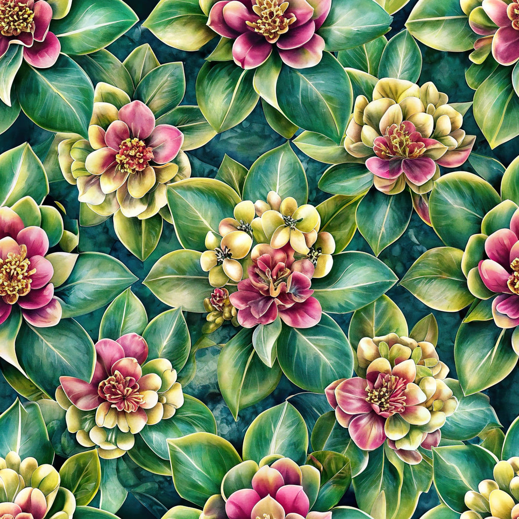 flowers, euphorbia, floral pattern, green leaves, pink blooms, yellow accents, botanical design, seamless repeat,, fabric panel, nature motif, garden flowers, layered petals, realistic illustration, crafting material, sewing fabric, dense floral, vibrant colors, spring blooms, detailed artwork
