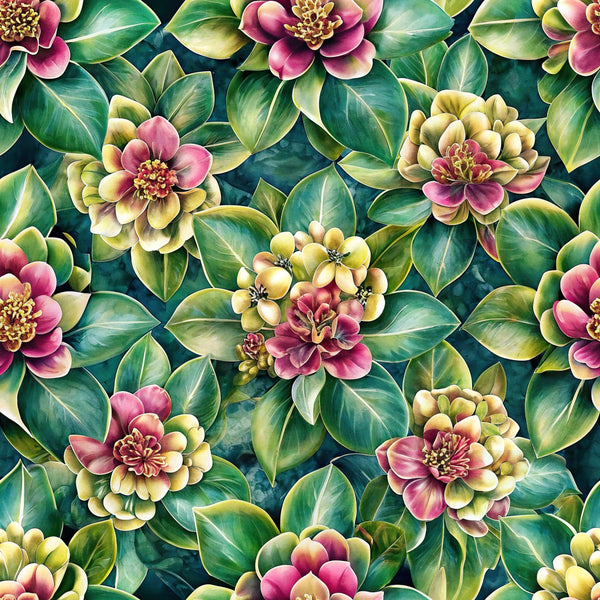 flowers, euphorbia, floral pattern, green leaves, pink blooms, yellow accents, botanical design, seamless repeat,, fabric panel, nature motif, garden flowers, layered petals, realistic illustration, crafting material, sewing fabric, dense floral, vibrant colors, spring blooms, detailed artwork