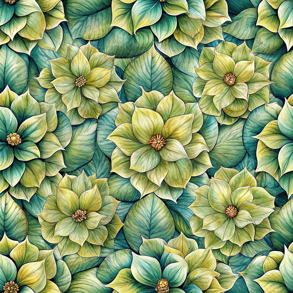 green, teal, yellow, lime green, sage green, floral pattern, euphorbia flowers, botanical design, layered petals, brown centers,, fabric panel, seamless repeat, nature motif, overlapping leaves, watercolor style, realistic flowers, craft fabric, sewing material, garden theme