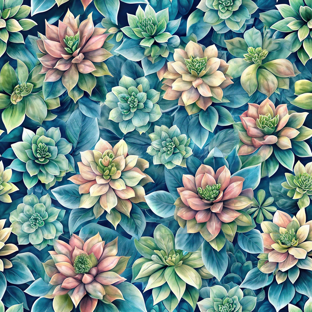 beautiful flowers, euphorbia succulents, botanical pattern, teal blue, sage green, coral pink, cream white, navy background, floral design, succulent plants,, fabric panel, watercolor style, nature motif, garden theme, layered petals, organic shapes, seamless repeat, spring colors, artistic illustration