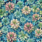 beautiful flowers, euphorbia succulents, botanical pattern, teal blue, sage green, coral pink, cream white, navy background, floral design, succulent plants,, fabric panel, watercolor style, nature motif, garden theme, layered petals, organic shapes, seamless repeat, spring colors, artistic illustration