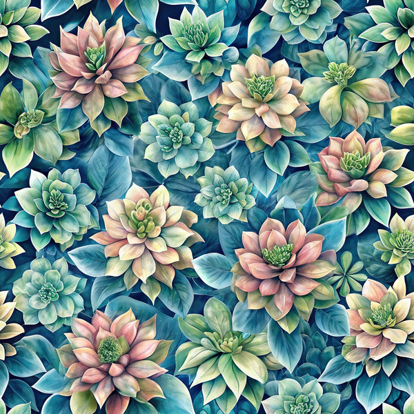 beautiful flowers, euphorbia succulents, botanical pattern, teal blue, sage green, coral pink, cream white, navy background, floral design, succulent plants,, fabric panel, watercolor style, nature motif, garden theme, layered petals, organic shapes, seamless repeat, spring colors, artistic illustration
