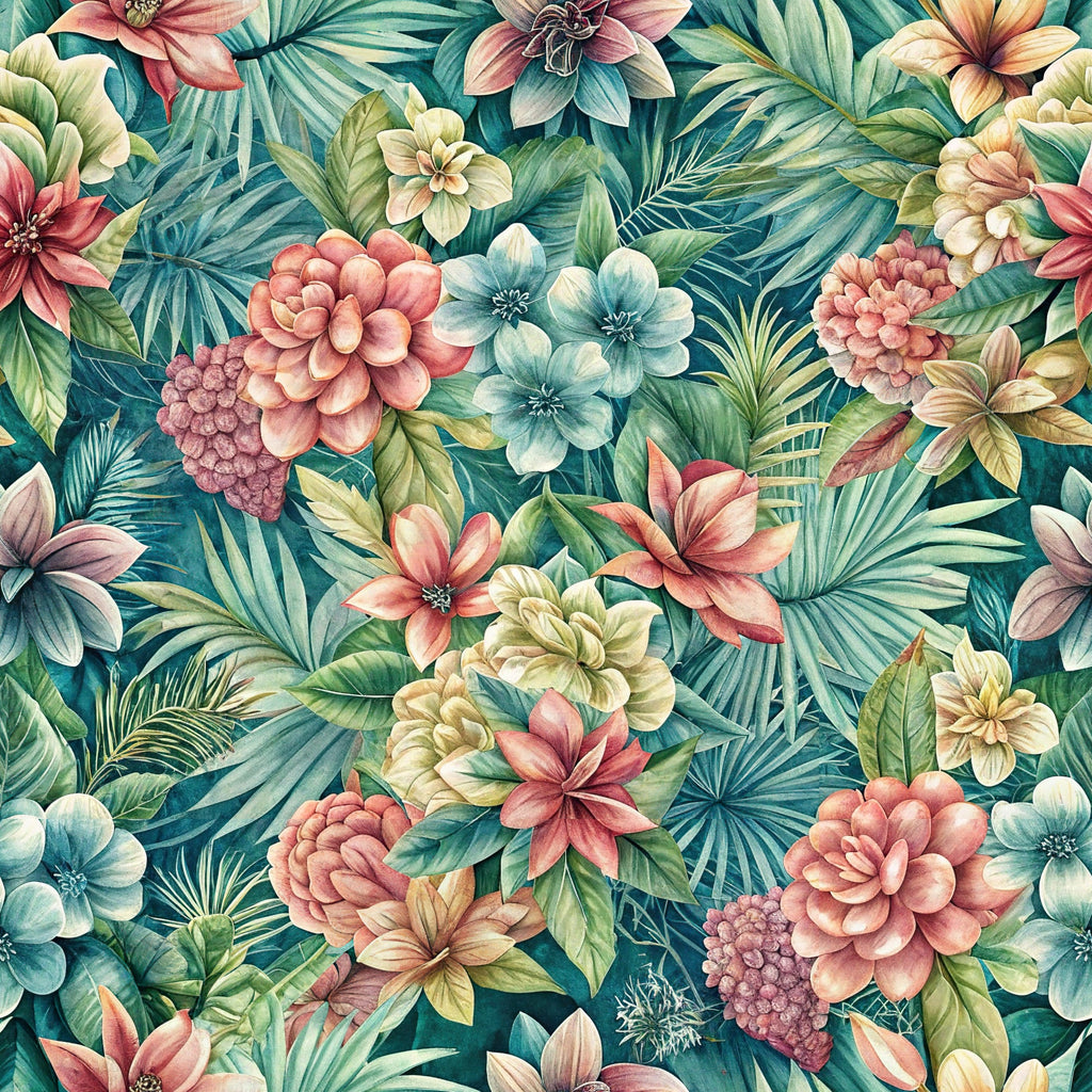 tropical flowers, euphorbias, coral pink, teal blue, sage green, cream white, botanical pattern, lush foliage, palm fronds, layered petals,, fabric panel, watercolor style, dense floral, exotic blooms, leafy background, nature motifs, seamless repeat, vibrant colors, garden florals