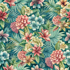 tropical flowers, euphorbias, coral pink, teal blue, sage green, cream white, botanical pattern, lush foliage, palm fronds, layered petals,, fabric panel, watercolor style, dense floral, exotic blooms, leafy background, nature motifs, seamless repeat, vibrant colors, garden florals