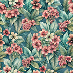 teal background, coral pink flowers, sage green leaves, tropical botanical, floral pattern,, fabric panel, watercolor style, hibiscus blooms, lush foliage, vintage florals, seamless repeat, botanical illustration, soft pastels, garden flowers, nature inspired, romantic florals, spring blooms, textile design