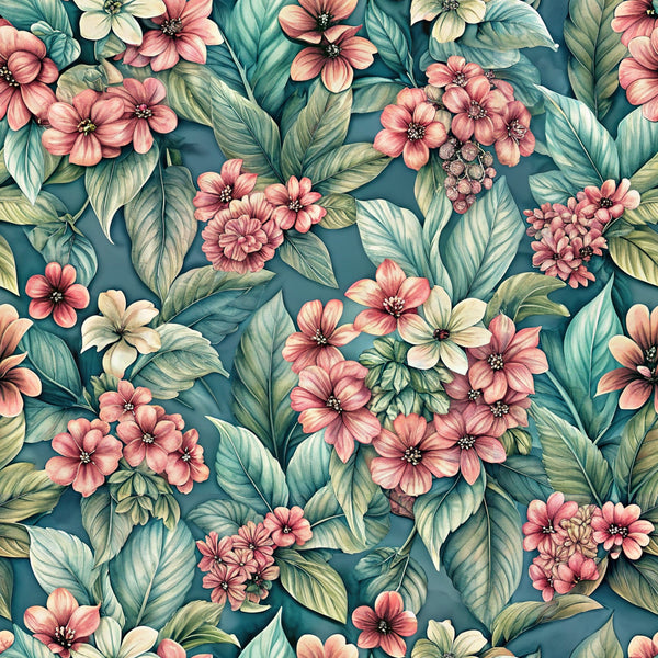 teal background, coral pink flowers, sage green leaves, tropical botanical, floral pattern,, fabric panel, watercolor style, hibiscus blooms, lush foliage, vintage florals, seamless repeat, botanical illustration, soft pastels, garden flowers, nature inspired, romantic florals, spring blooms, textile design